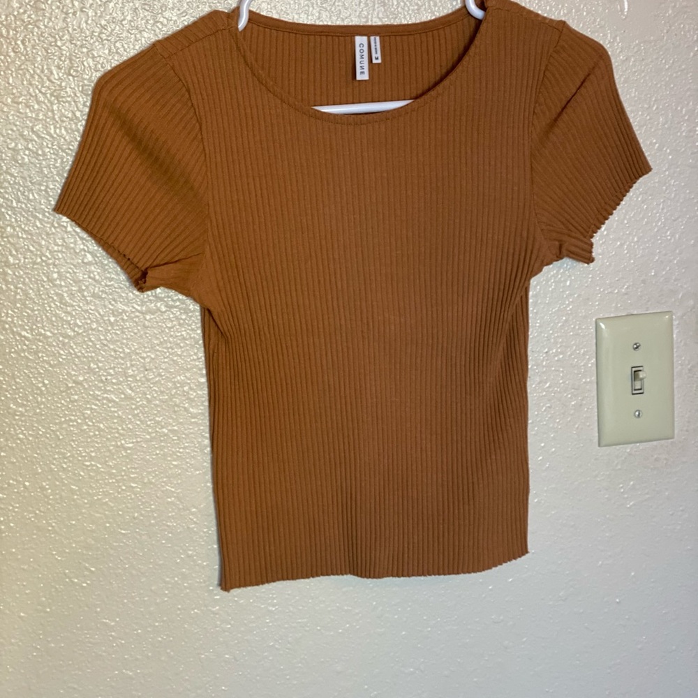 Brown, tight, ribbed tee- shirt